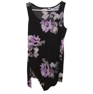 🤯2/$15 Black and Purple Floral Polyester Long Shirt with Slit Size Small (S)